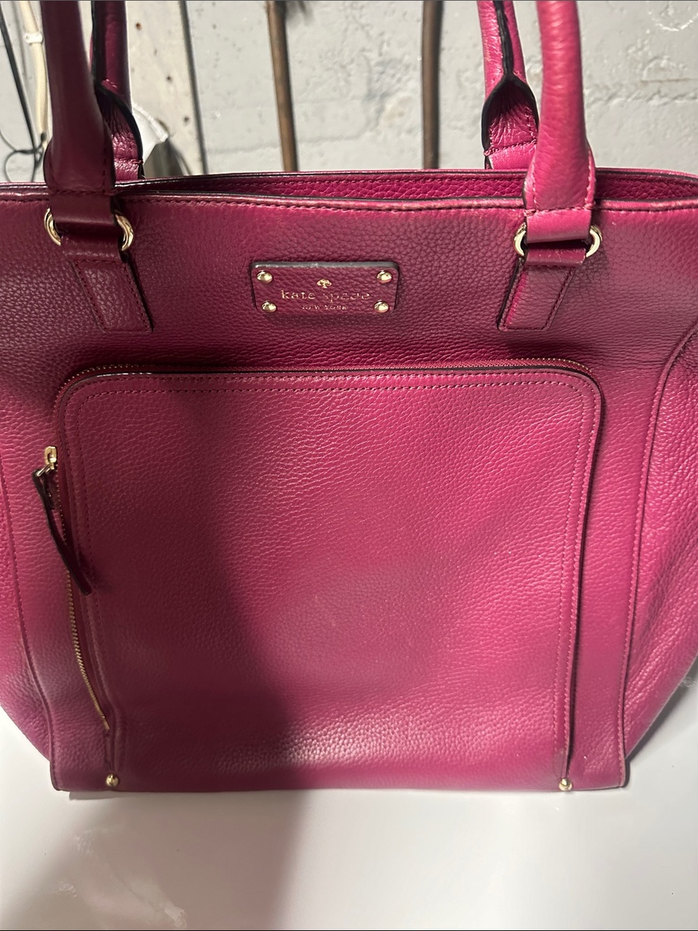 kate spade Magenta Leather Tote with Front Zip Pocket